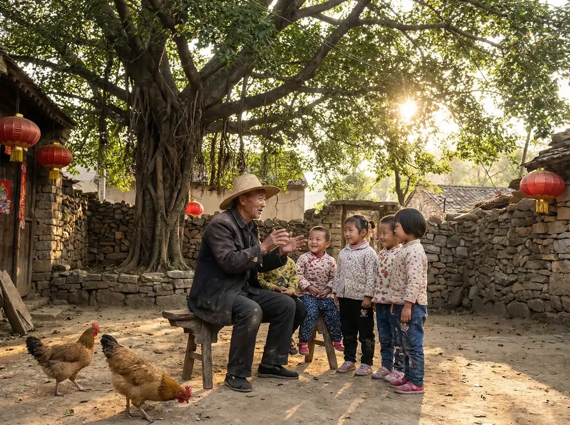 老人在大榕树下给孩子们讲故事 - 北京地铁10号线故障 乡村记忆